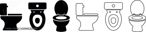 A collection of toilet icons in black and white minimalist vector style, suitable for bathroom design and sanitary applications