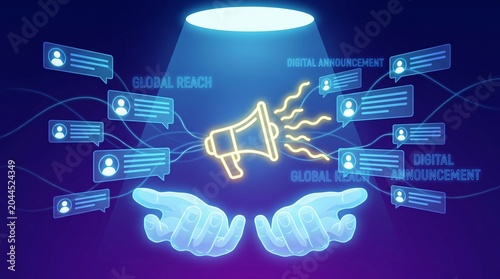 Digital communication concept featuring a glowing neon megaphone held by two hands with social media messaging notifications floating around as a symbol of public