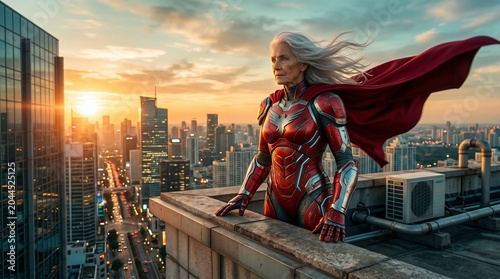 Senior Superhero Woman in Red Armor Suit Standing on City Rooftop at Sunset