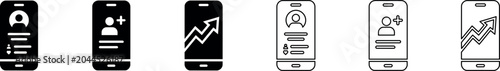 A set of mobile phone icons featuring user profiles and growth charts in black and white minimalist vector style, ideal for app development and analytics design