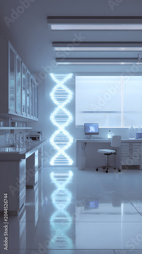 Glowing DNA helix installation in clean clinical laboratory with glossy floor, workstation, monitor, glassware, and soft cool lighting