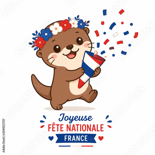 Fotografia Adorable otter celebrating France National Day with Bastille Day flowers