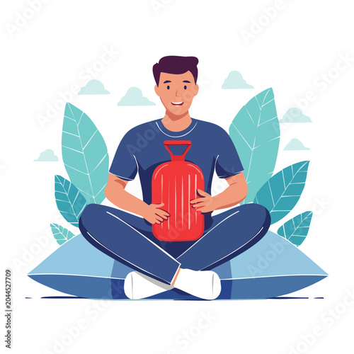 Man sitting cross-legged holding a red hot water bottle