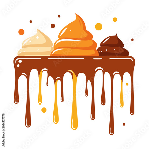 Three swirls of whipped cream and dripping chocolate