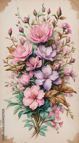 Pink Floral Blossom Backdrop vintage illustration botanical art drawing digital painting
