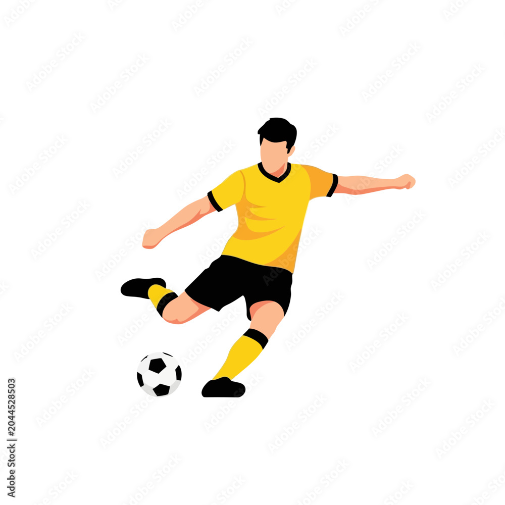 Fototapeta premium Soccer player in yellow uniform kicking a football ball