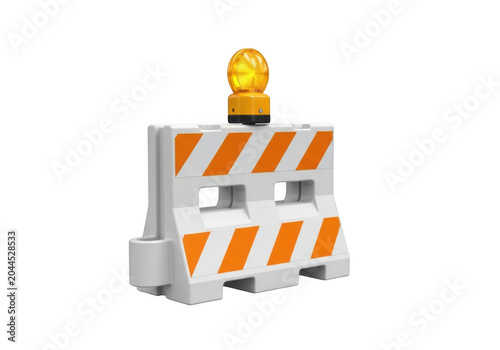 Plastic road barrier with orange and white diagonal stripes and a yellow flashing warning light, isolated on a black background