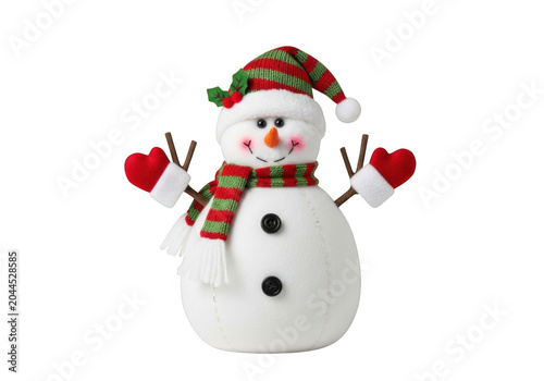Plush snowman christmas decoration wearing a striped knit hat and scarf with red mittens, isolated on a solid black background