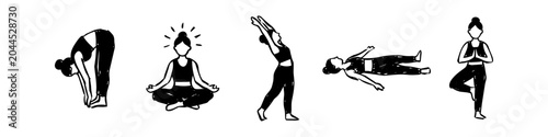 Εκτύπωση καμβά Set of hand-drawn minimalist ink sketches showing a woman in various yoga poses, including meditation, tree pose, and forward fold
