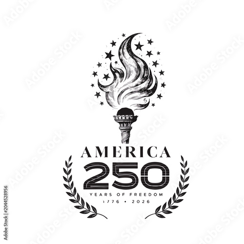 America 250 years of freedom torch emblem.
Textured black ink semiquincentennial logo featuring a burning torch and laurel wreath.