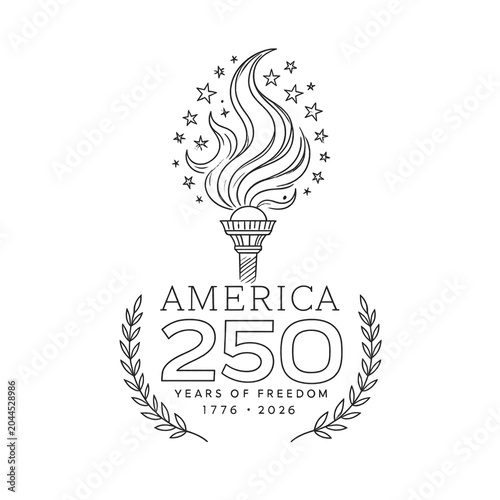 US semiquincentennial 250 years line art logo.
Minimalist vector outline emblem with a torch celebrating 250 years of American freedom.