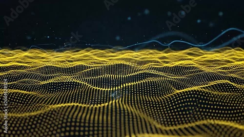 Abstract digital landscape with glowing yellow particle waves flowing across