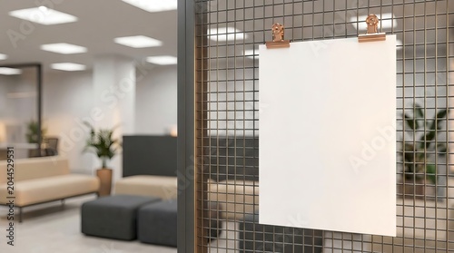 Blank White Poster Mockup Hanging on Metal Grid Office Partition.