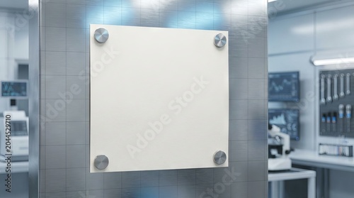 Blank White Signage Mounted on Industrial Laboratory Wall.