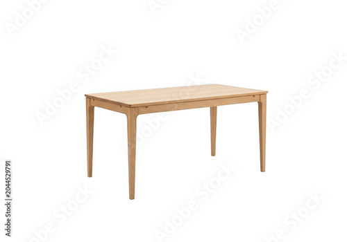Rectangular dining table made of light-colored natural wood with four tapered legs, isolated on a solid black background