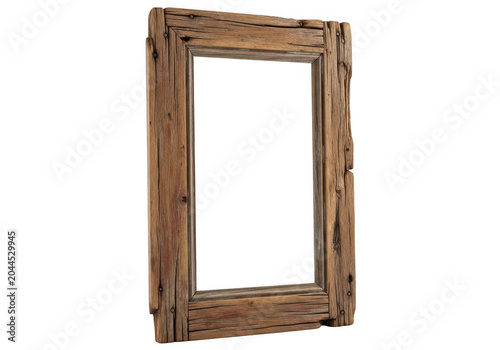 Rectangular empty frame made of weathered, rustic brown wood with visible grain, cracks, and knots, isolated on a black background