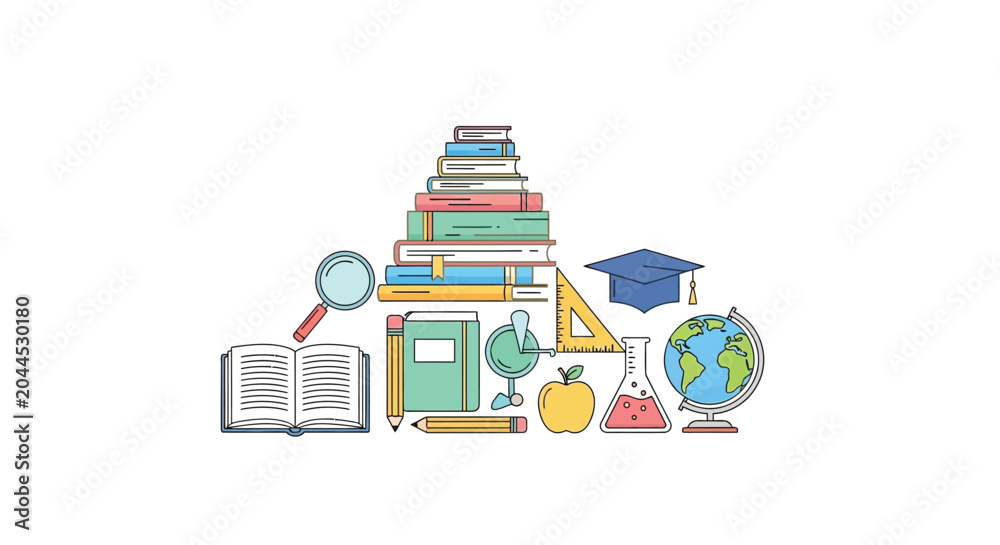 Naklejka premium Open book and magnifying glass with stacked colorful books