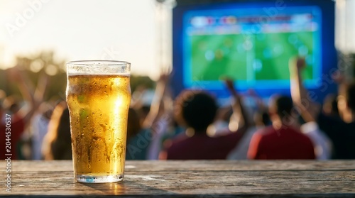 Glass of beer on a wooden table with blurred crowd watching a sports game.