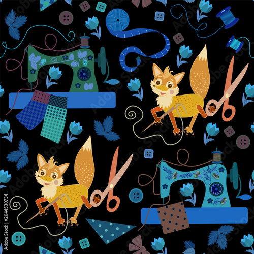 Fairytale sewing workshop with fox tailors and sewing machines. Cute seamless...