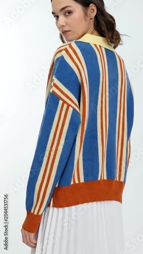 Woman Wearing Striped Sweater Showing Off Outfit in Studio