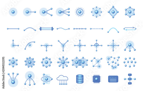 Blue network nodes and data icon set