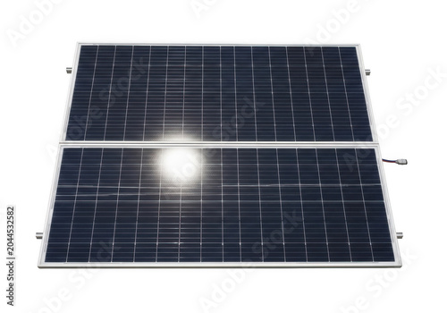 Rectangular solar panel with a dark blue grid pattern and a bright light reflection, isolated on a solid black background