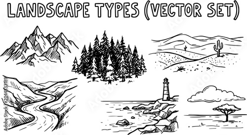 Bilde på lerret Black and White Hand Drawn Landscape Types Vector Set - Mountains, Forest, Deser