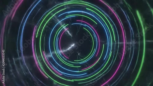 Abstract digital tunnel with glowing neon light circles moving through dark