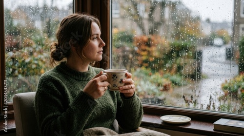 Woman Holding Tea Cup While Gazing Out Window on Rainy Day