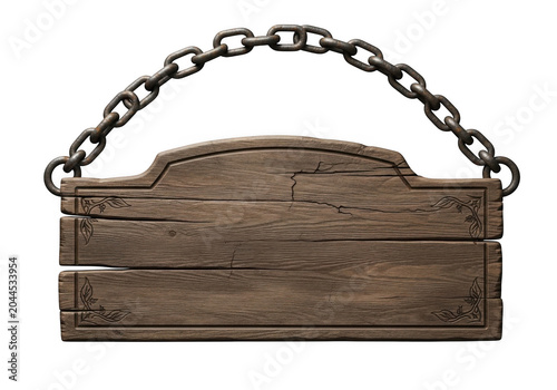 Rectangular wooden sign with arched hanging from a thick metal chain, featuring engraved corner floral patterns on a dark background