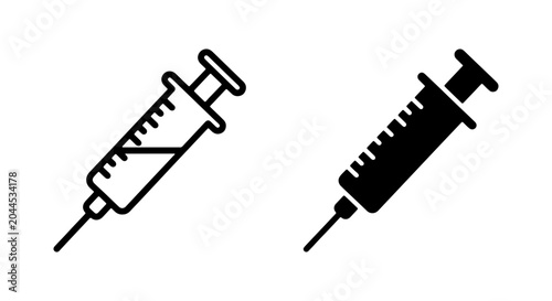 Medical Syringe Icons: Outline and Solid Fill, Healthcare and Science Vector Graphics