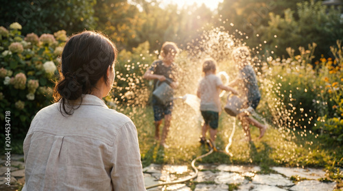 Happy Family Summer Fun Outdoors, Children Playing with Water in Garden at Sunset