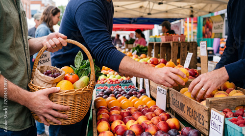 People Buying Fresh Organic Fruit at Farmers Market with Basket of Produce
