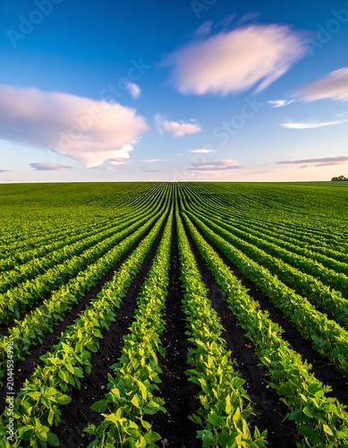 A vast field of green crops stretches towards the horizon
