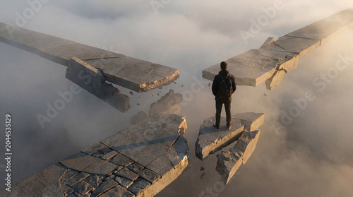 Man Standing on Broken Path Above Clouds Facing Uncertain Future, Concept of Challenge and Decision