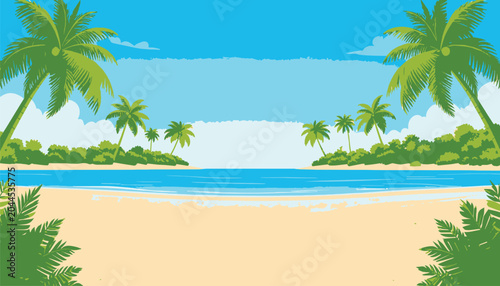 Blank background beach by the sea summer vector cartoon illustration, copy space landscape beach and ocean
