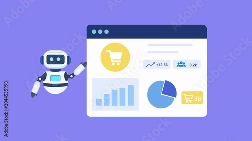 Animated robot presenting an ecommerce analytics dashboard with dynamic charts, sales metrics, and data visualization. Looping motion graphic ideal for business, technology, and automation concepts.