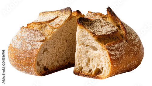 Fotografi Crusty artisan sourdough bread loaf cut in half showing airy crumb