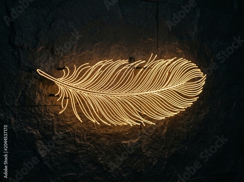 Minimalist neon feather sculpture with delicate amber glowing wires on dark textured background