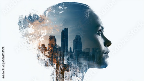 A creative double exposure portrait of a woman with a cityscape inside her head