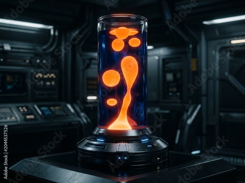 Futuristic glass cylinder with glowing neon orange blobs in deep blue liquid lava lamp style