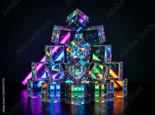 Stacked glass cubes with neon light refraction creating vibrant spectrum on dark minimalist background