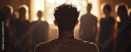 A young man is sitting in the center of his group therapy session, with other people standing around him and talking to each other The focus on the back view captures their silhouettes, Generative AI