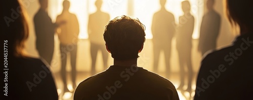 A young man is sitting in the center of his group therapy session, with other people standing around him and talking to each other The focus on the back view captures their silhouettes, Generative AI
