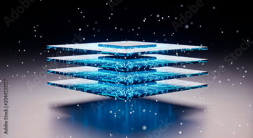 Glowing digital electronic circuit boards stacked in layers floating in space on transparent background