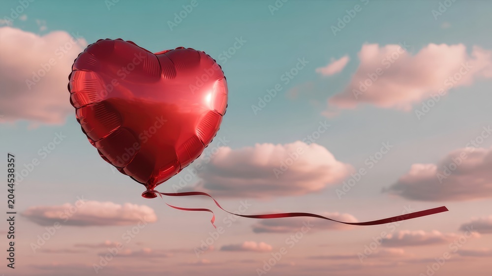 Fototapeta premium A glossy metallic red heart balloon floats gracefully with a long flowing ribbon under bright natural sunlight during the day