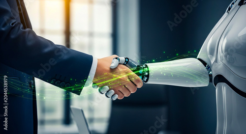 Professional businessman shaking hands with an advanced humanoid robot partner depicted on transparent background