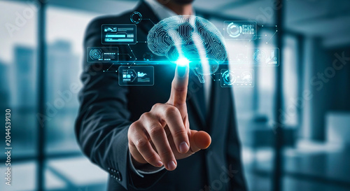 Business professional interacting with a glowing digital brain interface hologram shown on transparent background