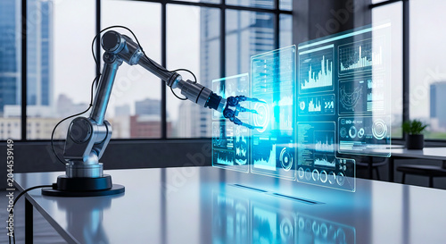 Robotic arm interacting with a holographic interface showing complex data analytics displayed on transparent background