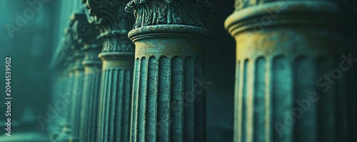 A row of classic Greek-style columns with an emphasis on the texture and detail, symbolizing strength in law, Generative AI
